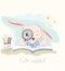 Cute cartoon clever little rabbit reading book. Hand drawn style