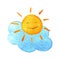 Cute cartoon cloud and sunshine. Hand drawn watercolor illustration smiling sun.