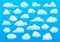 Cute cartoon clouds. Blue sky with cute cartoon cloud, nature white clouds, fluffy cloudscape heaven panorama white