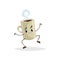 Cute cartoon coffee beige cup character jumping. Humanized mug with hot beverage. Morning breakfast mascot. Strong taste hot drink
