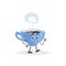 Cute cartoon coffee blue cup character walking. Humanized mug with hot beverage. Morning breakfast mascot. Strong taste hot drink