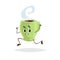 Cute cartoon coffee green cup character running. Humanized mug with hot beverage. Morning breakfast mascot. Strong taste hot drink