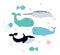 Cute cartoon collection of vector drawings on the theme of sea animals - the killer whale, narwhal, jellyfish, fish, whale. Art