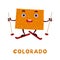 Cute cartoon Colorado state character clipart. Illustrated map of state of Colorado of USA with state name. Funny character design