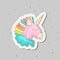 Cute cartoon colored unicorn vector illustration. Cute happy uni orn with horn and colored hair, pink uni orn in green