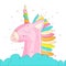 Cute cartoon colored unicorn vector illustration. Cute happy unicorn with horn and colored hair, pink unicorn in bue