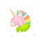 Cute cartoon colored unicorn vector illustration. Cute happy unirorn with horn and colored hair, pink unirorn in green