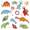 Cute cartoon colored variety of dinosaurs astronauts stickers with outline for cutting, vector. Tyrannosaurus, Diplodocus,