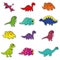 Cute cartoon colored variety of dinosaurs stickers with outline for cutting, vector. Tyrannosaurus, Diplodocus, stegosaurus,