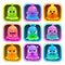 Cute cartoon colorful slimy characters in the square frames. Slime game logo set.