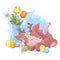 Cute cartoon composition of a bouquet of tulips and a sleeping deer with mice and with colored Easter eggs. Vector