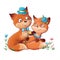 Cute cartoon couple of foxes boy and girl with flowers