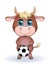 Cute cartoon cow, bull with a soccer ball, similarity between own points and hexagons of the ball, symbol of 2021