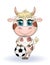 Cute cartoon cow, bull with a soccer ball, similarity between own points and hexagons of the ball, symbol of 2021