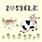 Cute cartoon cow, farm background and I love milk inscription