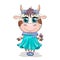 Cute cartoon cow girl with beautiful eyes in a turquoise dress. Funny cow character