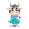 Cute cartoon cow girl with beautiful eyes in a turquoise dress. Funny cow character