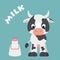 Cute cartoon cow with milk container