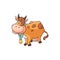 Cute cartoon cow standing and smiling, happy brown farm animal with bell and feminine haircut