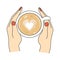 Cute cartoon cozy vector illustration with female hands holding coffee cup