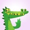 Cute cartoon crocodile or dinosaur. Vector illustration of a green crocodile waving and presenting.