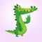 Cute cartoon crocodile or dinosaur. Vector illustration of a green crocodile waving and presenting.