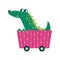 Cute cartoon crocodile riding on train wagon and smiling