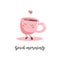Cute cartoon cup of coffee. Inscription Good morning. Vector illustration.