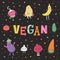 Cute cartoon cute vegan illustration with fruits and vegetables.