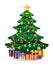 Cute cartoon decorated Christmas fir tree with many gifts and present boxes