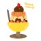 Cute cartoon dessert of ice cream sorbet with chocolate and strawberry toppings. simple vector for food posters