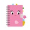 Cute cartoon diary in a pink cover with stickers and bookmarks. Cute character. Simple flat vector illustration isolated on white