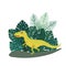 Cute, cartoon dinosaur ceratosaurus on the background of bushes of tropical palm leaves. Vector illustration