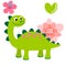 Cute cartoon dinosaur, flowers and heart in flat childlike style