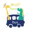 Cute cartoon dinosaurs and a giraffe go by bus and enjoy. Modern, positive phrase hi. Printing of children`s cards, stickers, pape