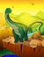 Cute cartoon Diplodocus with landscape background.