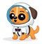 Cute cartoon dog in astronaut costume looking playful. Adorable canine dressed for space adventure. Pets imagination and