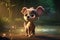 Cute Cartoon Dog With Very Big Eyes And Pitying Gaze A Forest With A Glowing Lake. Generative AI