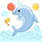 Cute cartoon dolphin with a ball. Vector illustration