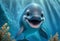 A cute cartoon dolphin with big eyes on a sea background. A stylized smiling dolphin on a background of blue water.