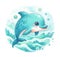 Cute cartoon dolphin in a circular composition