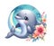 Cute cartoon dolphin in a circular composition with floral decorations