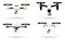 Cute cartoon drones set isolated on white background. Aerial quadcopter concept with shadow. Simple design icon or logo. Flat