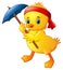 Cute cartoon duck with blue umbrella and red headband