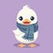 Cute cartoon duck wearing a blue striped scarf. Charming and friendly duckling character vector illustration. Warm