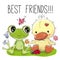 Cute Cartoon Duckling and frog