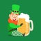 Cute cartoon dwarf Leprechaun sitting with glass mug of fresh beer. Saint Patricks Day colorful character vector