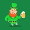 Cute cartoon dwarf Leprechaun standing with mug of beer. Saint Patricks Day colorful character