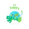 Cute cartoon Earth with sprout in hand and palm leaves says Be Happy. Flat style