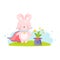 Cute cartoon Easter bunny with magic wand gets out carrot from the hat .